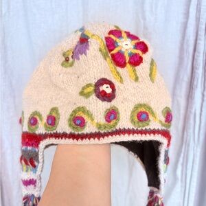 Newari Hand Knit Wool Ear Flap Hat Floral Embroidered Braided Tassel‎ Women